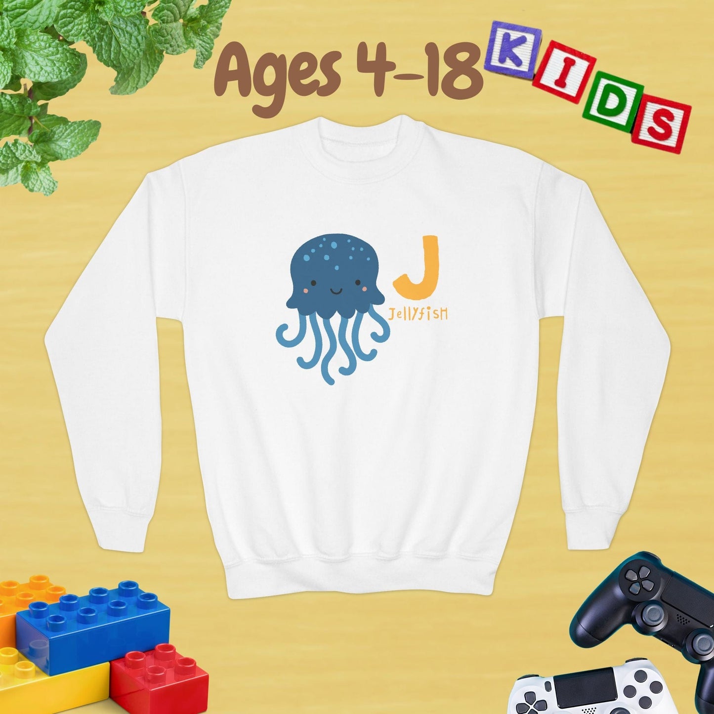 Animal Alphabet - J for Jellyfish Ages 4-18 Unisex Kids and Teens Sweatshirt - Cozy Fall and Winter Youth Sweatshirt