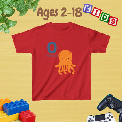 Animal Alphabet - O for Octopus Unisex Kids Tee - Fun Educational Graphic Tee for Age 2-18 Kids