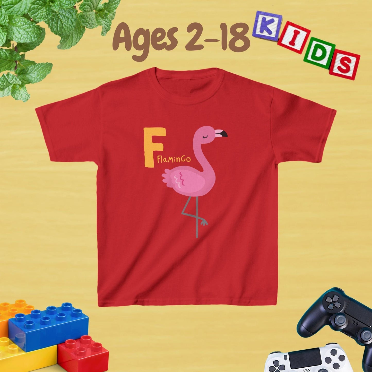 Animal Alphabet - F for Flamingo Unisex Kids Tee - Graphic Alphabet Tee for Kids Age 2-18