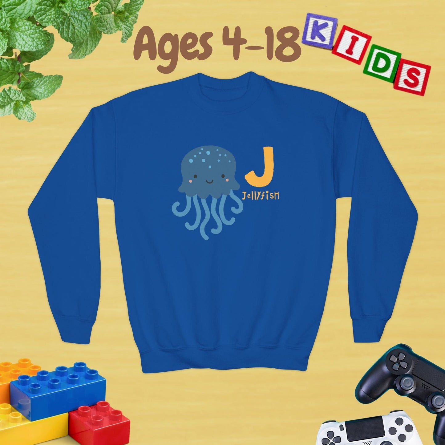 Animal Alphabet - J for Jellyfish Ages 4-18 Unisex Kids and Teens Sweatshirt - Cozy Fall and Winter Youth Sweatshirt