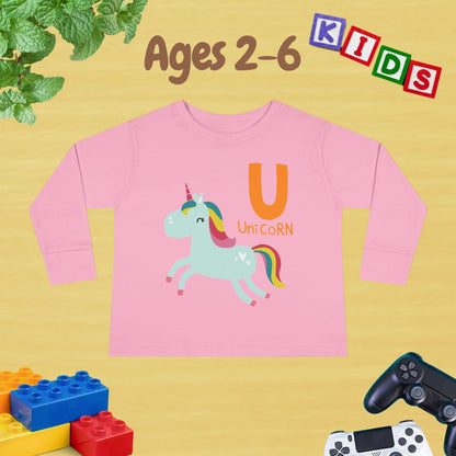 Animal Alphabet U for Unicorn Unisex Kids Sweater Toddler Long Sleeve Tee Ages 2-6 - 100% Cotton Spring and Fall Kids Sweatshirt