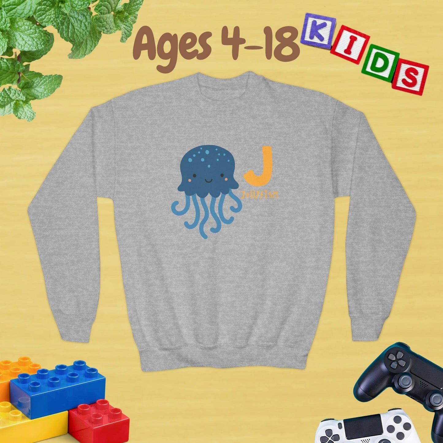 Animal Alphabet - J for Jellyfish Ages 4-18 Unisex Kids and Teens Sweatshirt - Cozy Fall and Winter Youth Sweatshirt