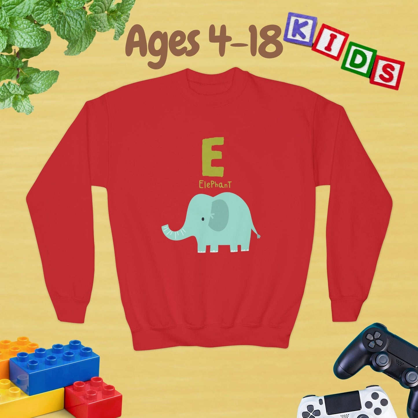 Animal Alphabet - E for Elephant Ages 4-18 Unisex Kids and Teens Sweatshirt - Cozy Fall and Winter Youth Sweatshirt