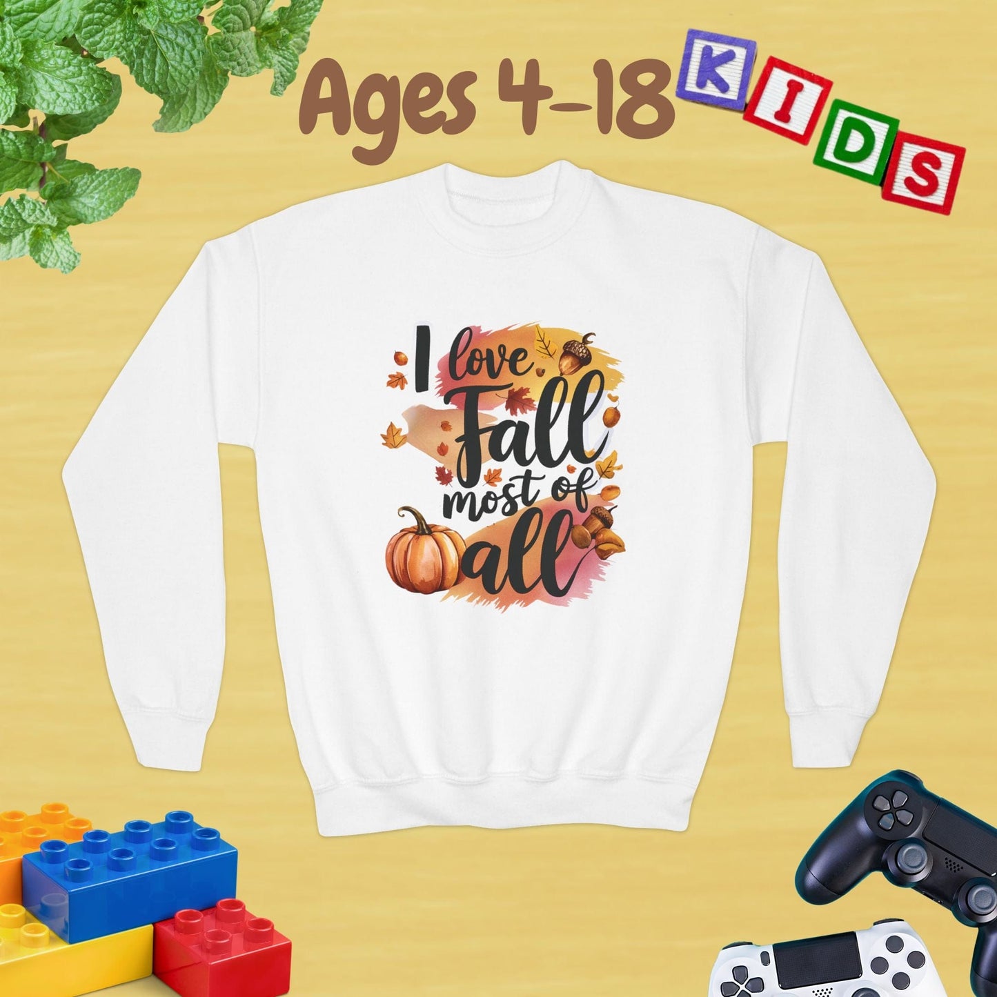 I Love Fall Most of All Ages 4-18 Unisex Kids and Teens Sweatshirt - Cozy Fall and Winter Youth Sweatshirt