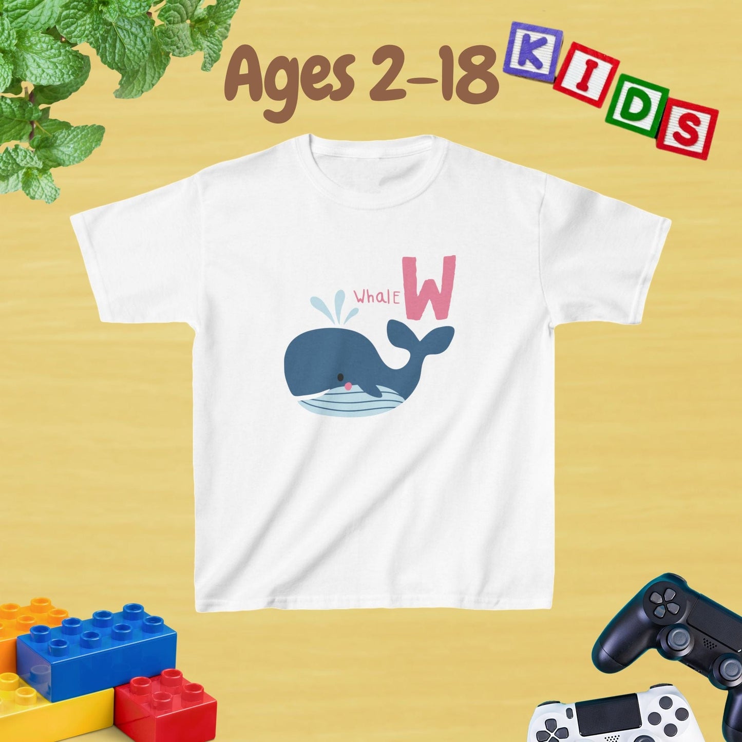 Animal Alphabet - W for Whale Unisex Kids Tee - Fun Educational Graphic Tee for Kids Age 2-18