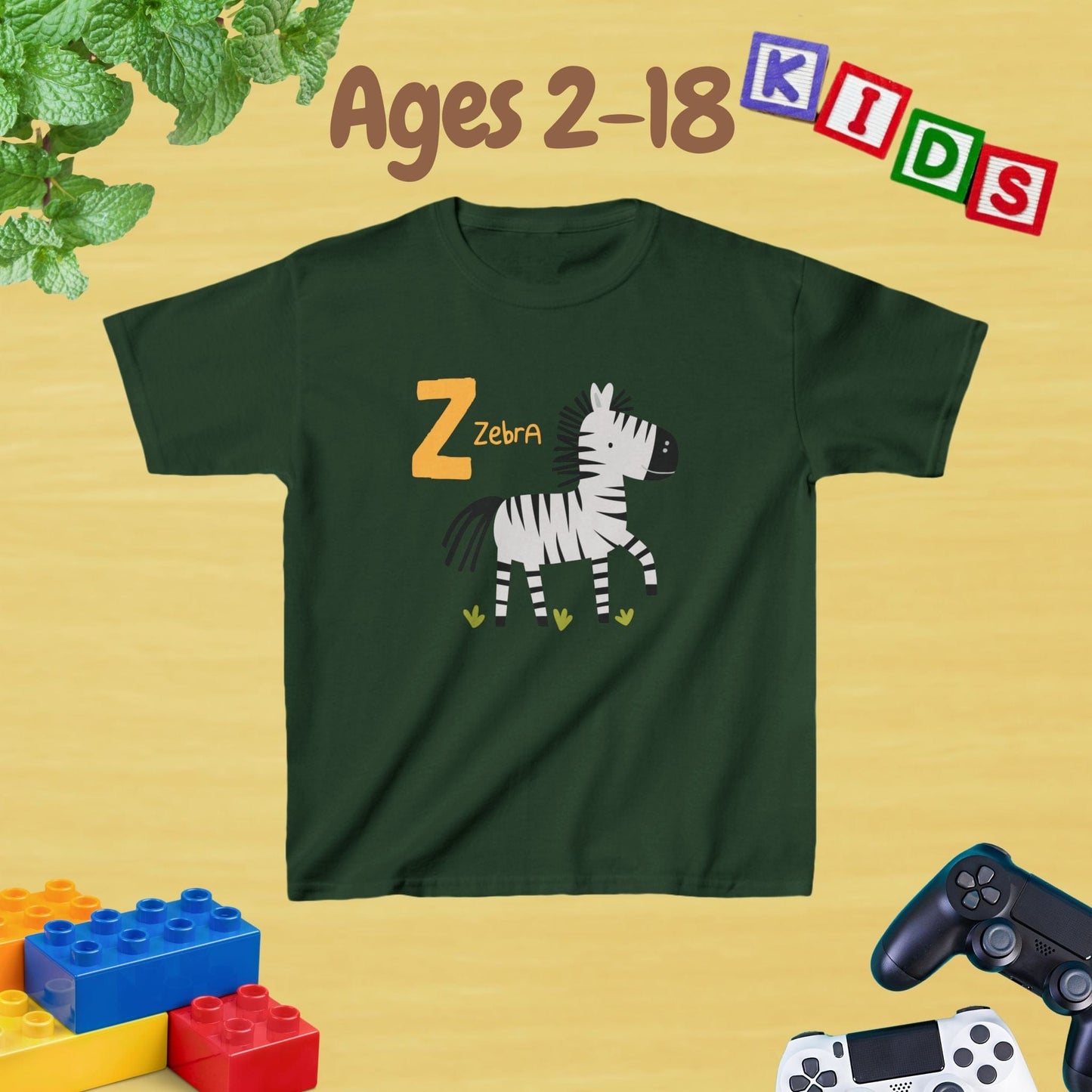 Animal Alphabet - Z for Zebra Unisex Kids Tee - Fun Educational Graphic Tee for Kids Age 2-18