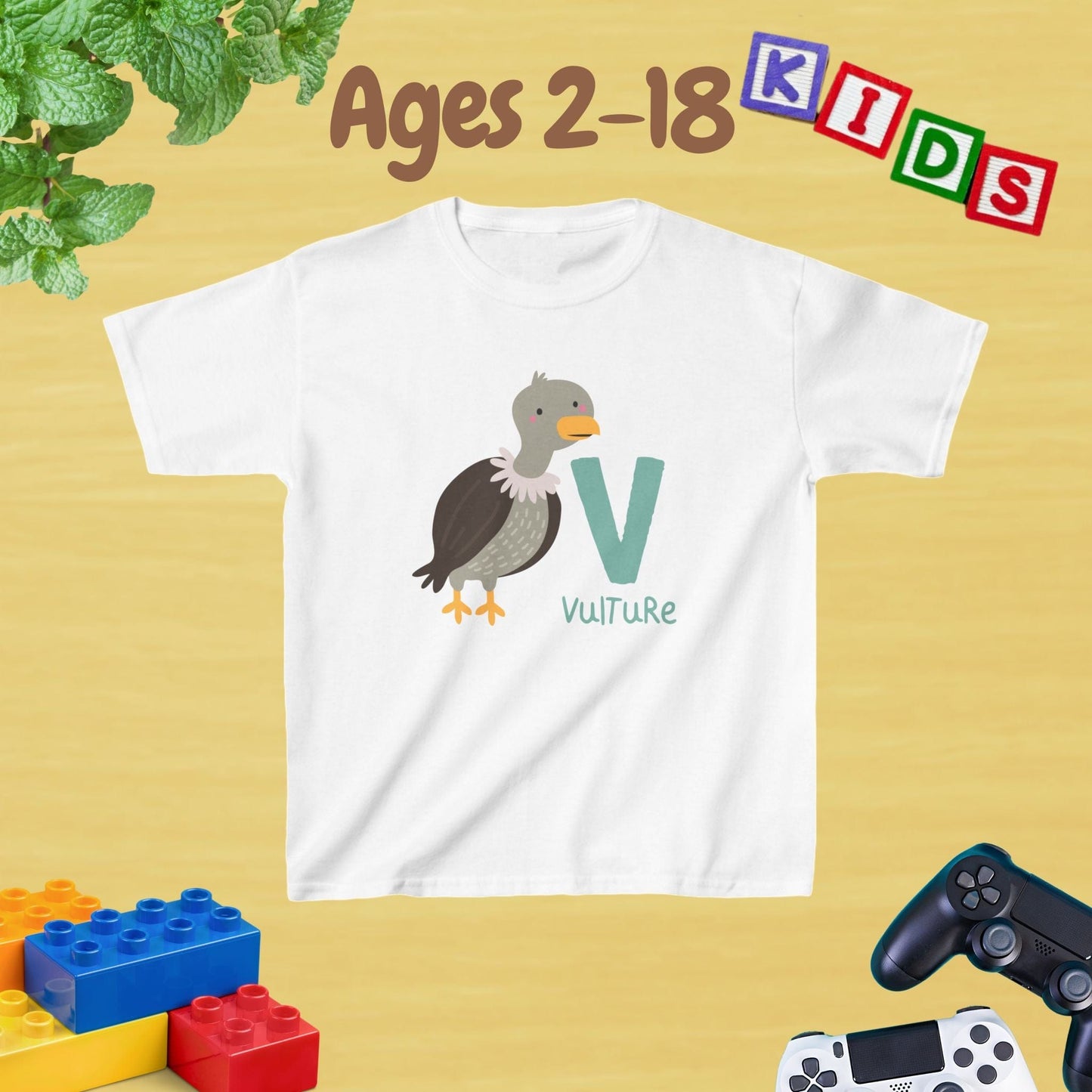 Animal Alphabet - V for Vulture Unisex Kids Tee - Fun Educational Graphic Tee for Kids Age 2-18