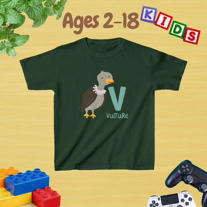 Animal Alphabet - V for Vulture Unisex Kids Tee - Fun Educational Graphic Tee for Kids Age 2-18