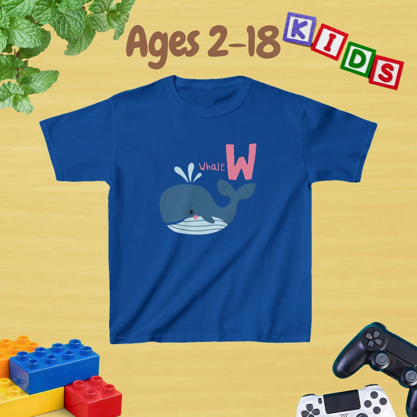 Animal Alphabet - W for Whale Unisex Kids Tee - Fun Educational Graphic Tee for Kids Age 2-18