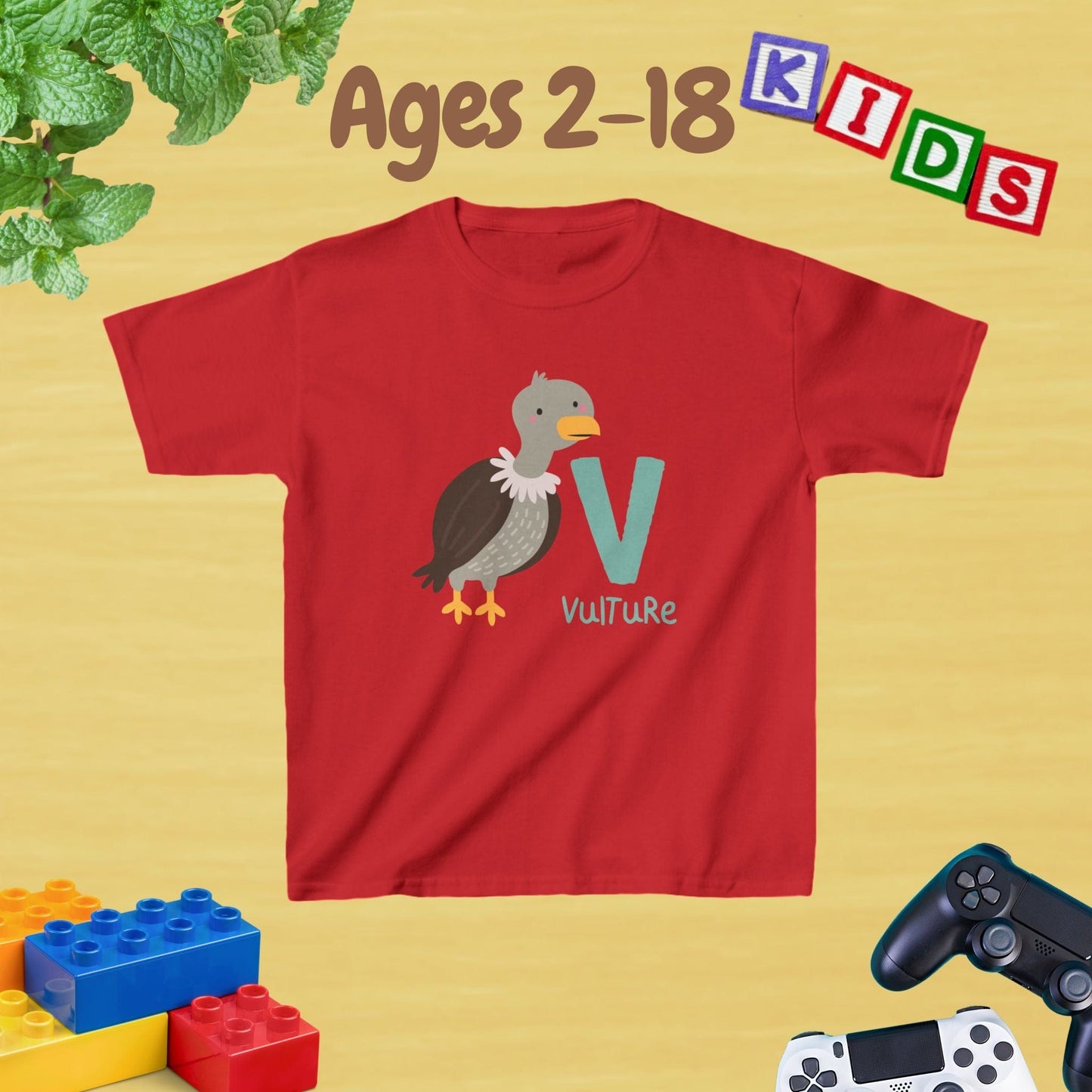 Animal Alphabet - V for Vulture Unisex Kids Tee - Fun Educational Graphic Tee for Kids Age 2-18