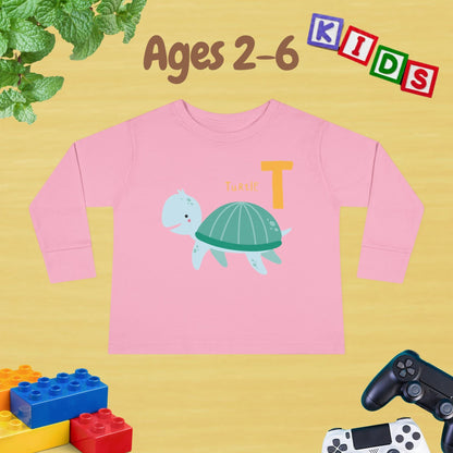 Animal Alphabet T for Turtle Unisex Kids Sweater Toddler Long Sleeve Tee Ages 2-6 - 100% Cotton Spring and Fall Kids Sweatshirt