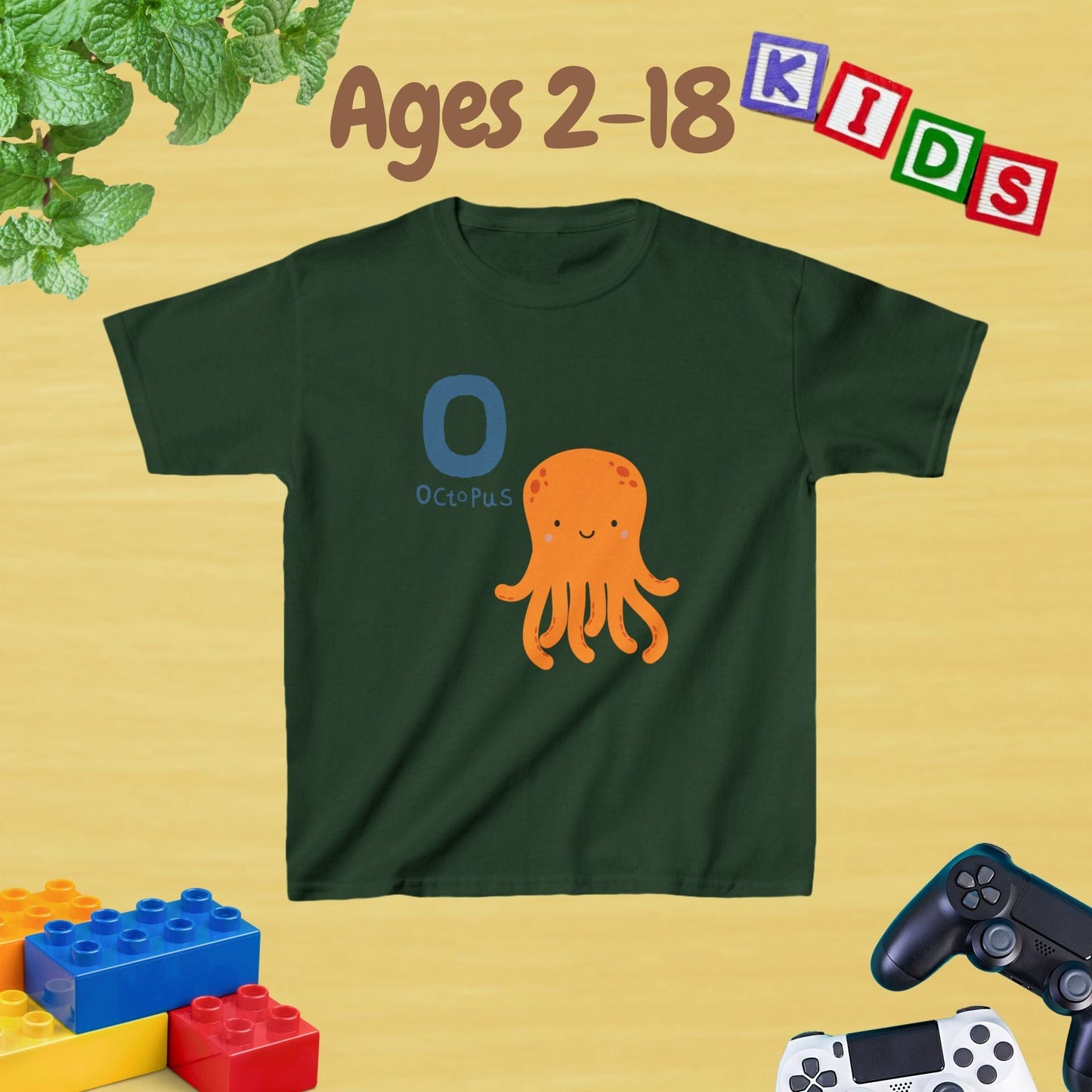 Animal Alphabet - O for Octopus Unisex Kids Tee - Fun Educational Graphic Tee for Age 2-18 Kids