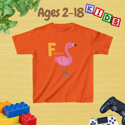 Animal Alphabet - F for Flamingo Unisex Kids Tee - Graphic Alphabet Tee for Kids Age 2-18