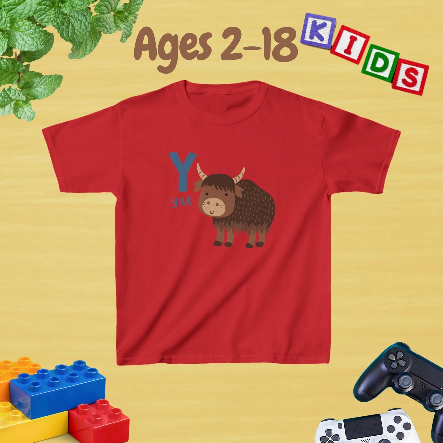 Animal Alphabet - Y for Yak Unisex Kids Tee - Fun Educational Graphic Tee for Kids Age 2-18