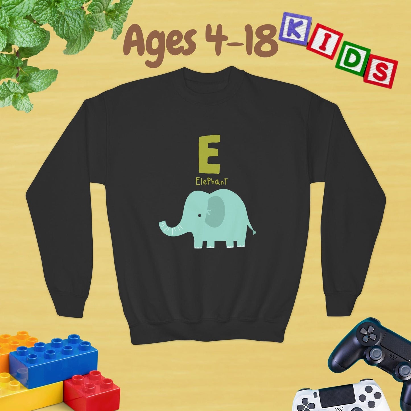 Animal Alphabet - E for Elephant Ages 4-18 Unisex Kids and Teens Sweatshirt - Cozy Fall and Winter Youth Sweatshirt