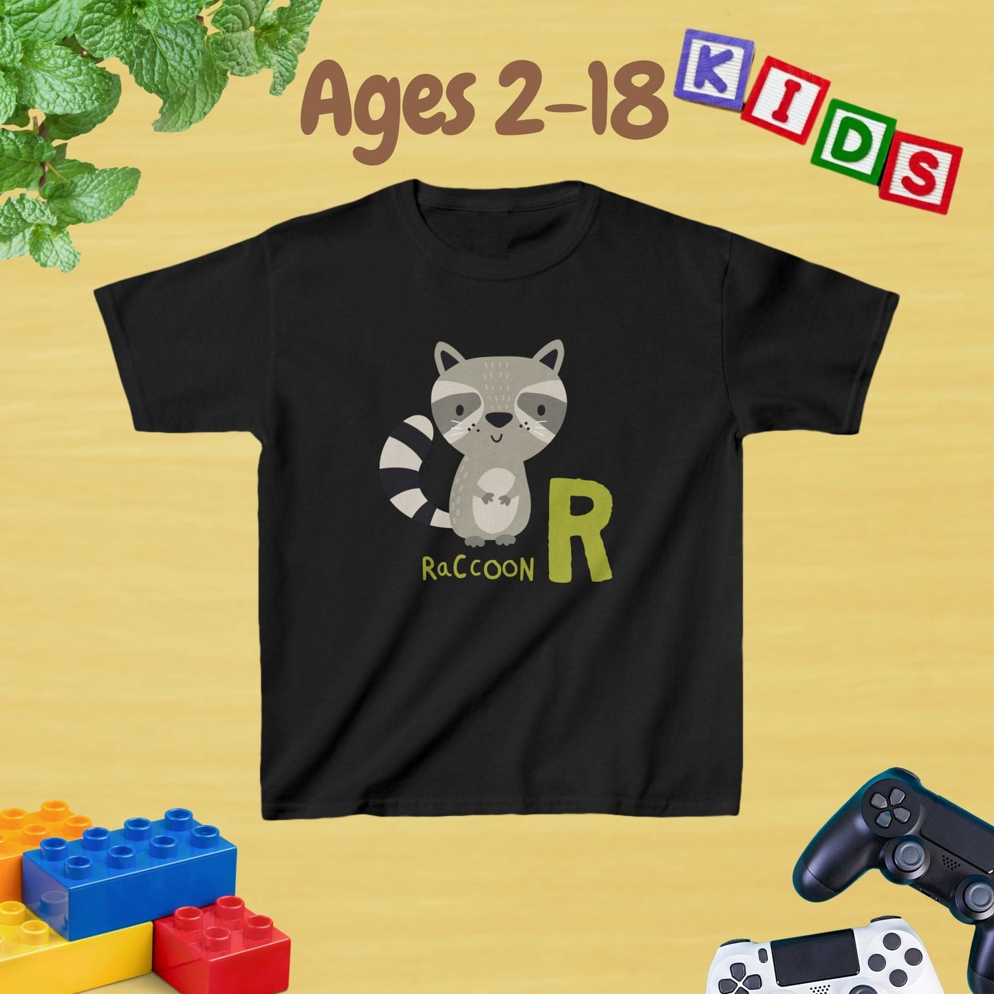 Animal Alphabet - R for Raccoon Unisex Kids Tee - Fun Educational Graphic Tee for Kids Age 2-18