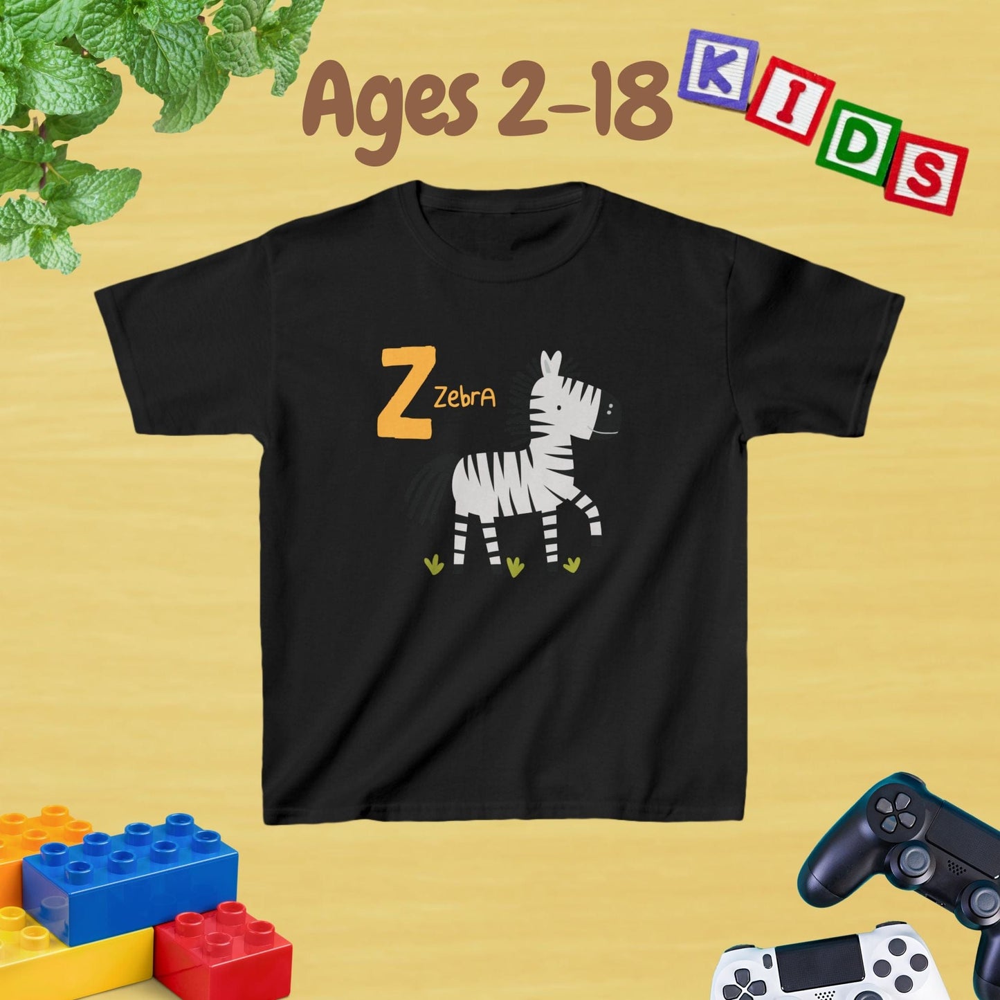 Animal Alphabet - Z for Zebra Unisex Kids Tee - Fun Educational Graphic Tee for Kids Age 2-18