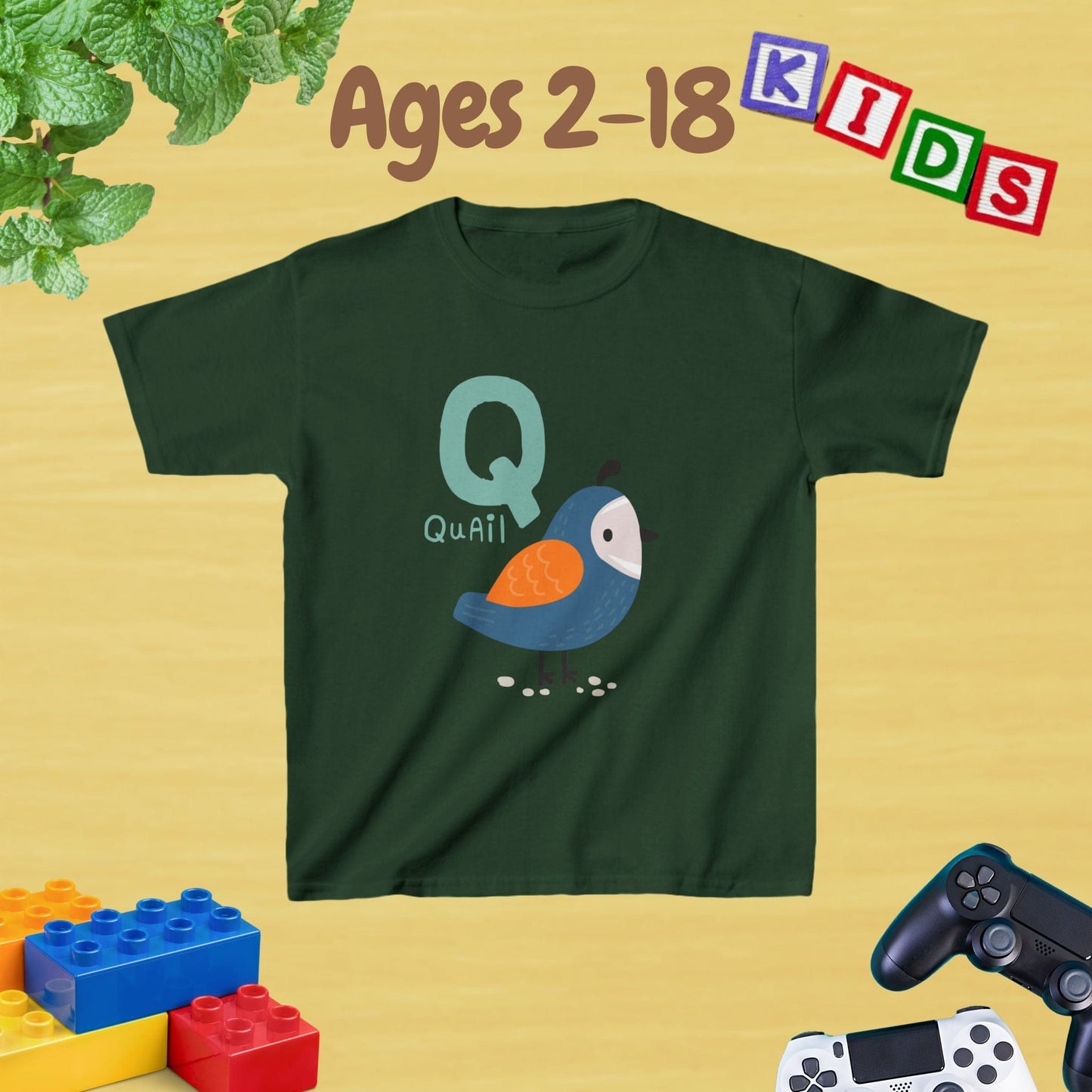 Animal Alphabet - Q for Quail Unisex Kids Tee - Fun Educational Graphic Tee for Kids Age 2-18