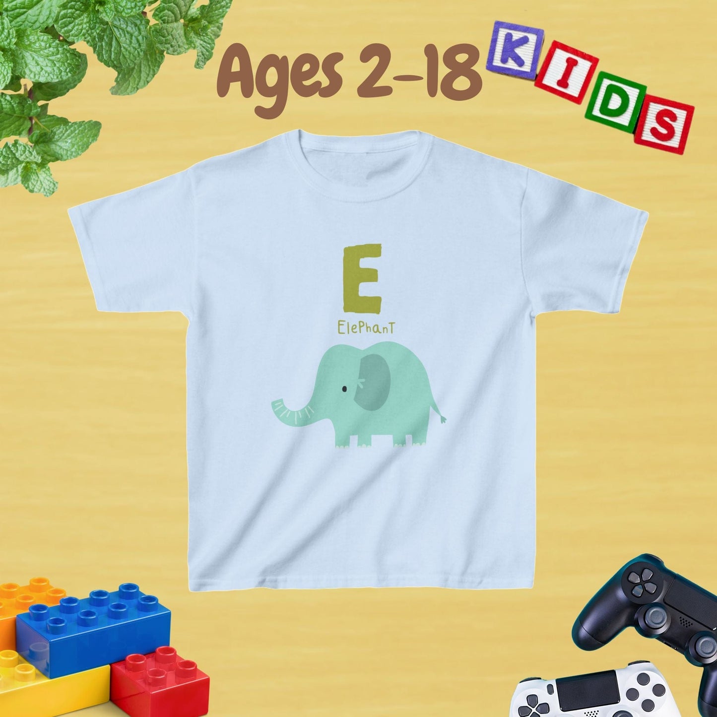 Animal Alphabet - E for Elephant Unisex Kids Tee - Graphic Alphabet Tee for Kids Age 2-18