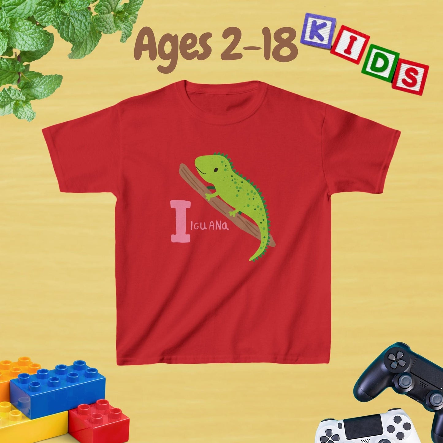 Animal Alphabet - I for Iguana Unisex Kids Tee - Graphic Alphabet Tee for Kids Age 2-18