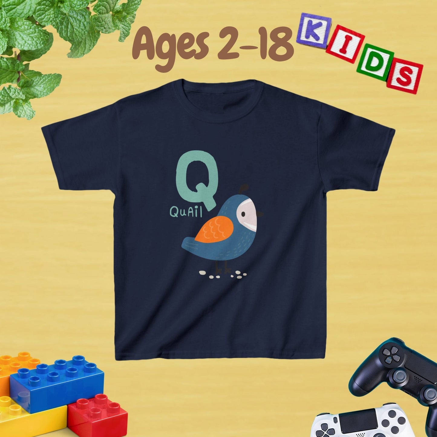 Animal Alphabet - Q for Quail Unisex Kids Tee - Fun Educational Graphic Tee for Kids Age 2-18