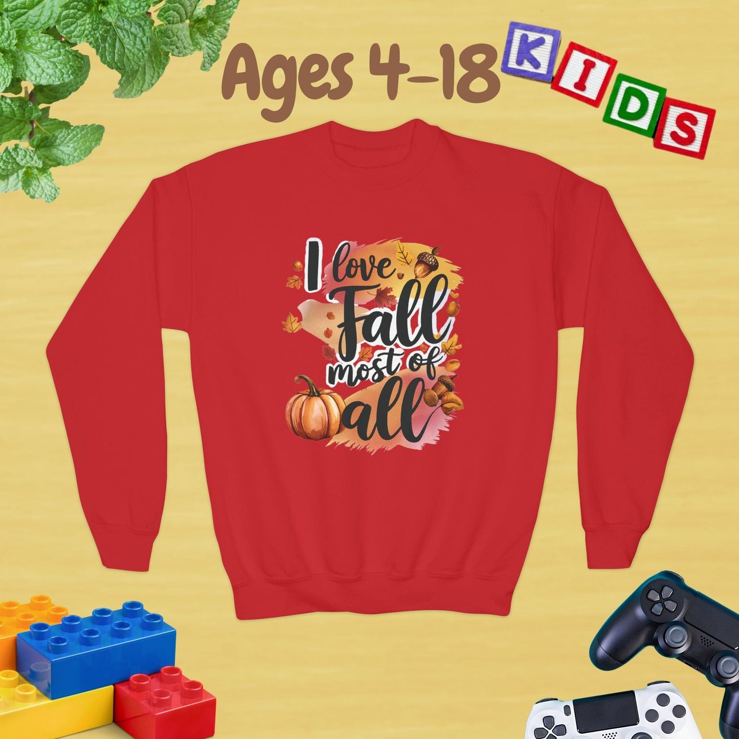 I Love Fall Most of All Ages 4-18 Unisex Kids and Teens Sweatshirt - Cozy Fall and Winter Youth Sweatshirt