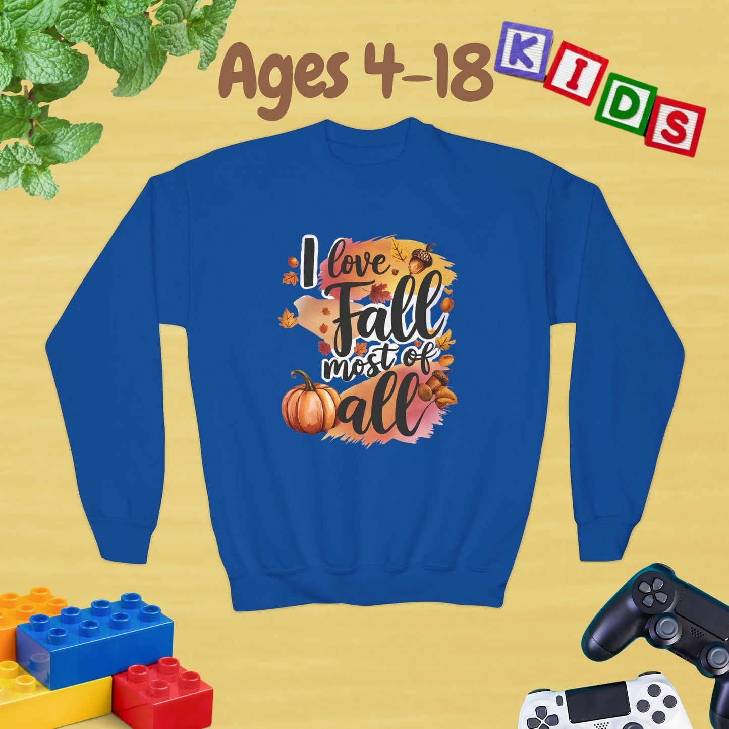 I Love Fall Most of All Ages 4-18 Unisex Kids and Teens Sweatshirt - Cozy Fall and Winter Youth Sweatshirt