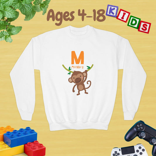 Animal Alphabet M for Monkey Ages 4-18 Unisex Kids and Teens Sweatshirt - Cozy Fall and Winter Youth Sweatshirt