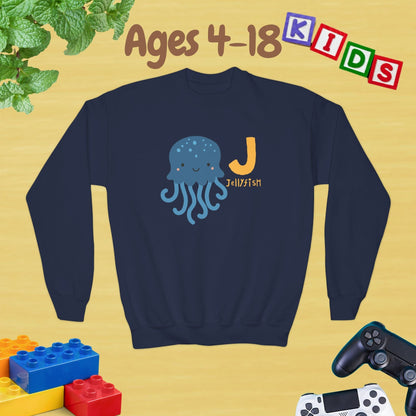 Animal Alphabet - J for Jellyfish Ages 4-18 Unisex Kids and Teens Sweatshirt - Cozy Fall and Winter Youth Sweatshirt