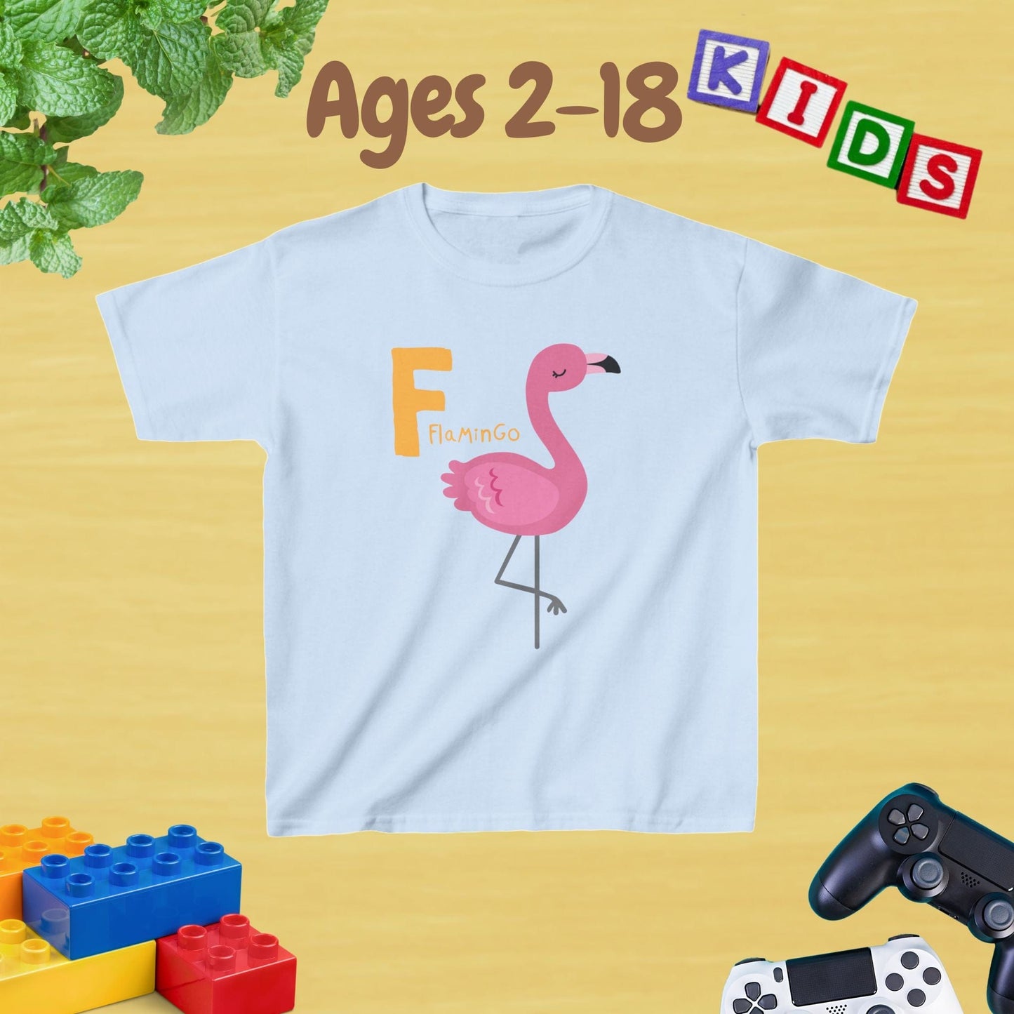 Animal Alphabet - F for Flamingo Unisex Kids Tee - Graphic Alphabet Tee for Kids Age 2-18