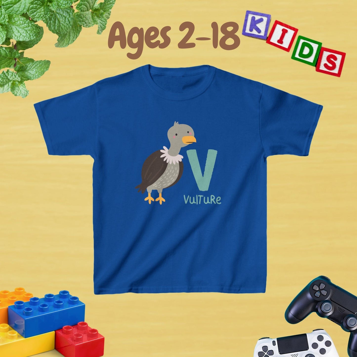 Animal Alphabet - V for Vulture Unisex Kids Tee - Fun Educational Graphic Tee for Kids Age 2-18