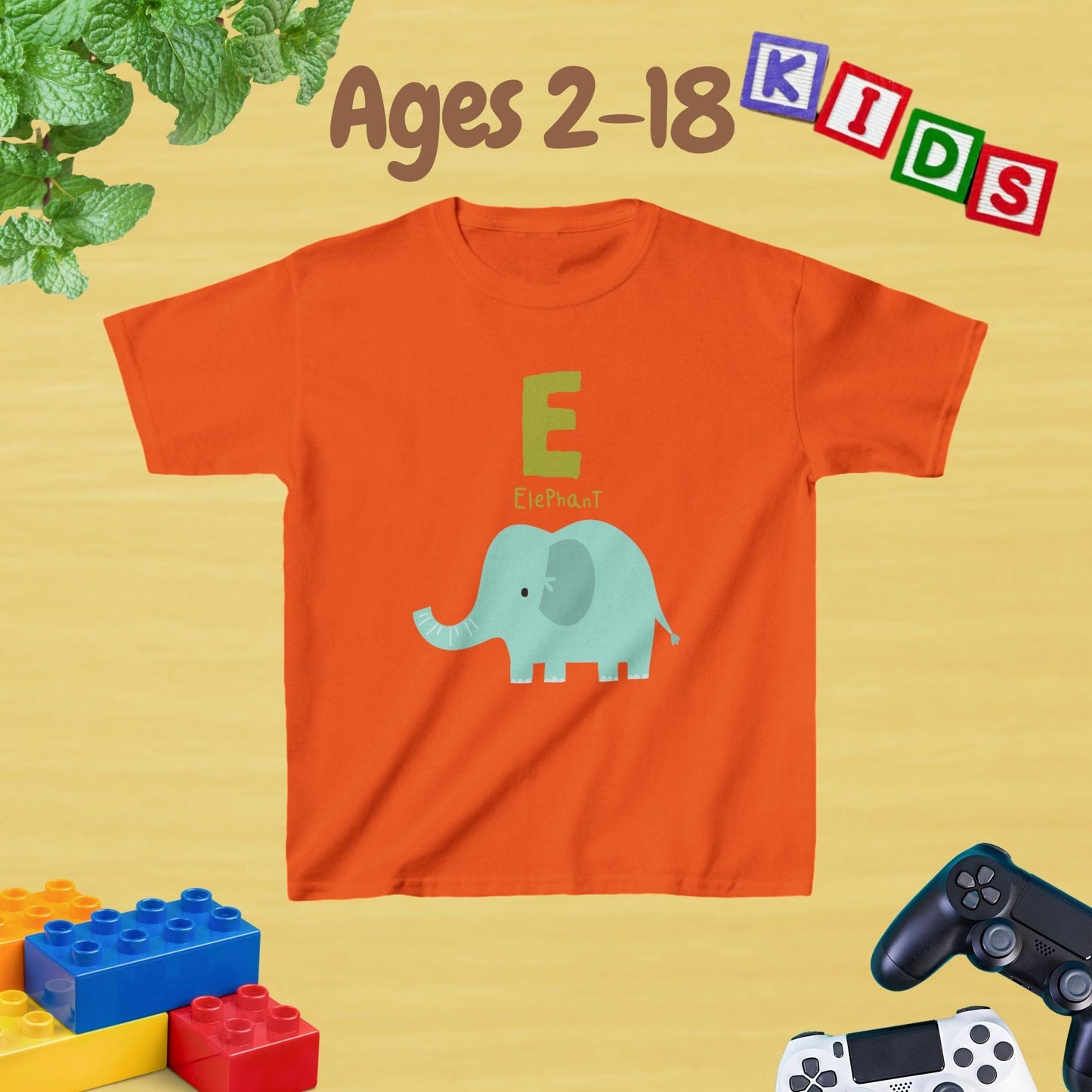 Animal Alphabet - E for Elephant Unisex Kids Tee - Graphic Alphabet Tee for Kids Age 2-18