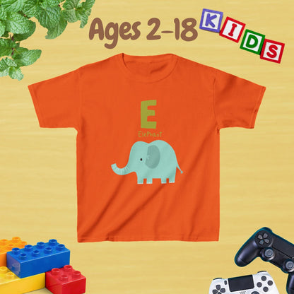 Animal Alphabet - E for Elephant Unisex Kids Tee - Graphic Alphabet Tee for Kids Age 2-18