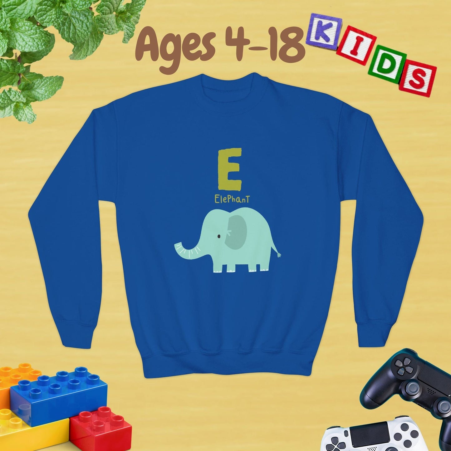 Animal Alphabet - E for Elephant Ages 4-18 Unisex Kids and Teens Sweatshirt - Cozy Fall and Winter Youth Sweatshirt