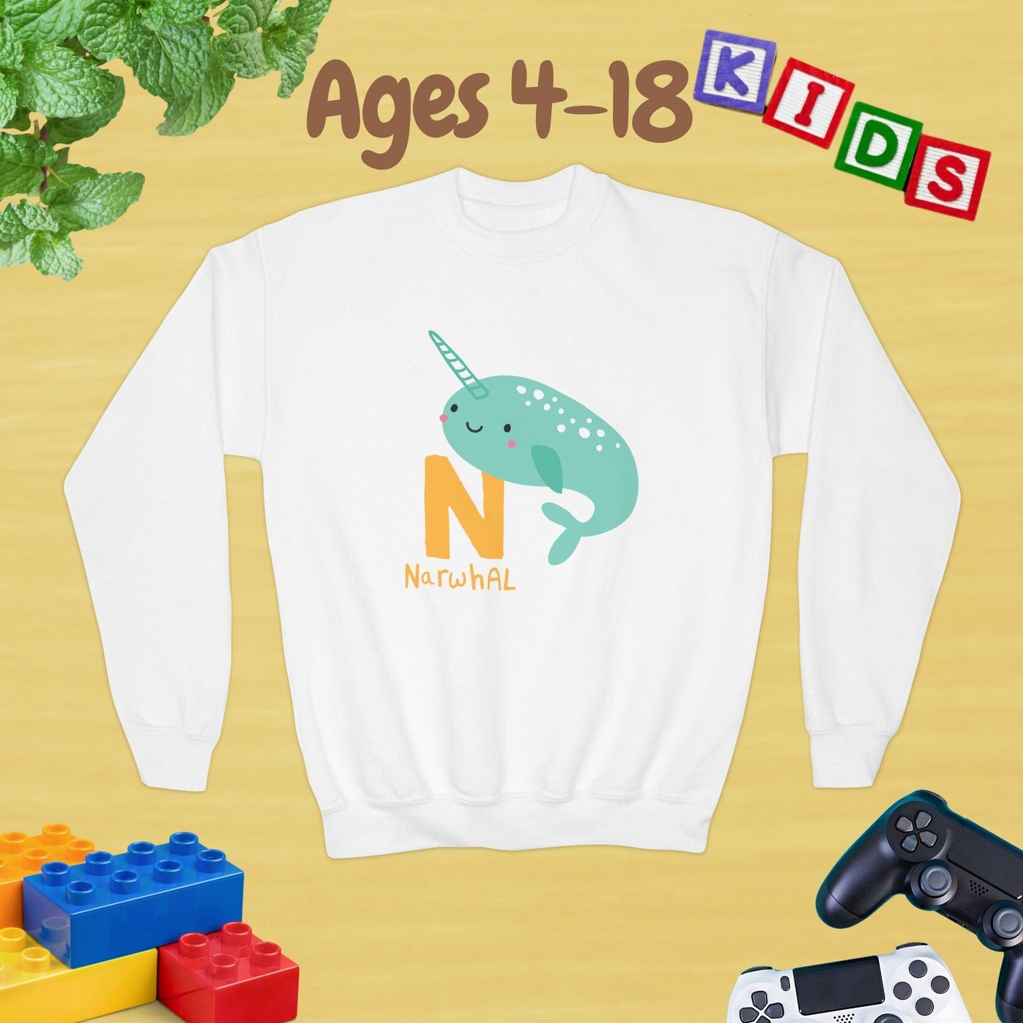 Animal Alphabet N for Narwhal Ages 4-18 Unisex Kids and Teens Sweatshirt - Cozy Fall and Winter Youth Sweatshirt