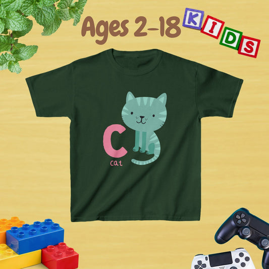 Animal Alphabet - C for Cat Unisex Kids Tee - Graphic Alphabet Tee for Kids Age 2-18