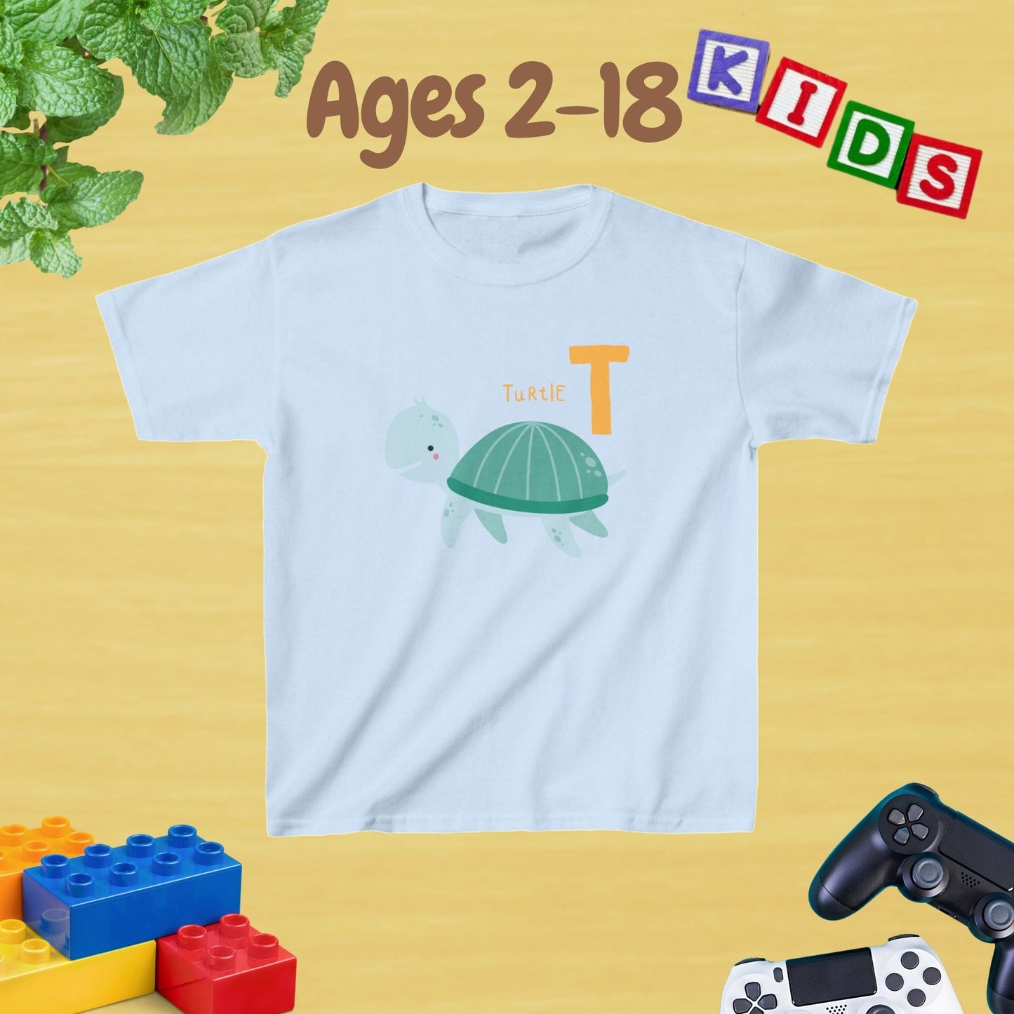 Animal Alphabet - T for Turtle Unisex Kids Tee - Fun Educational Graphic Tee for Kids Age 2-18