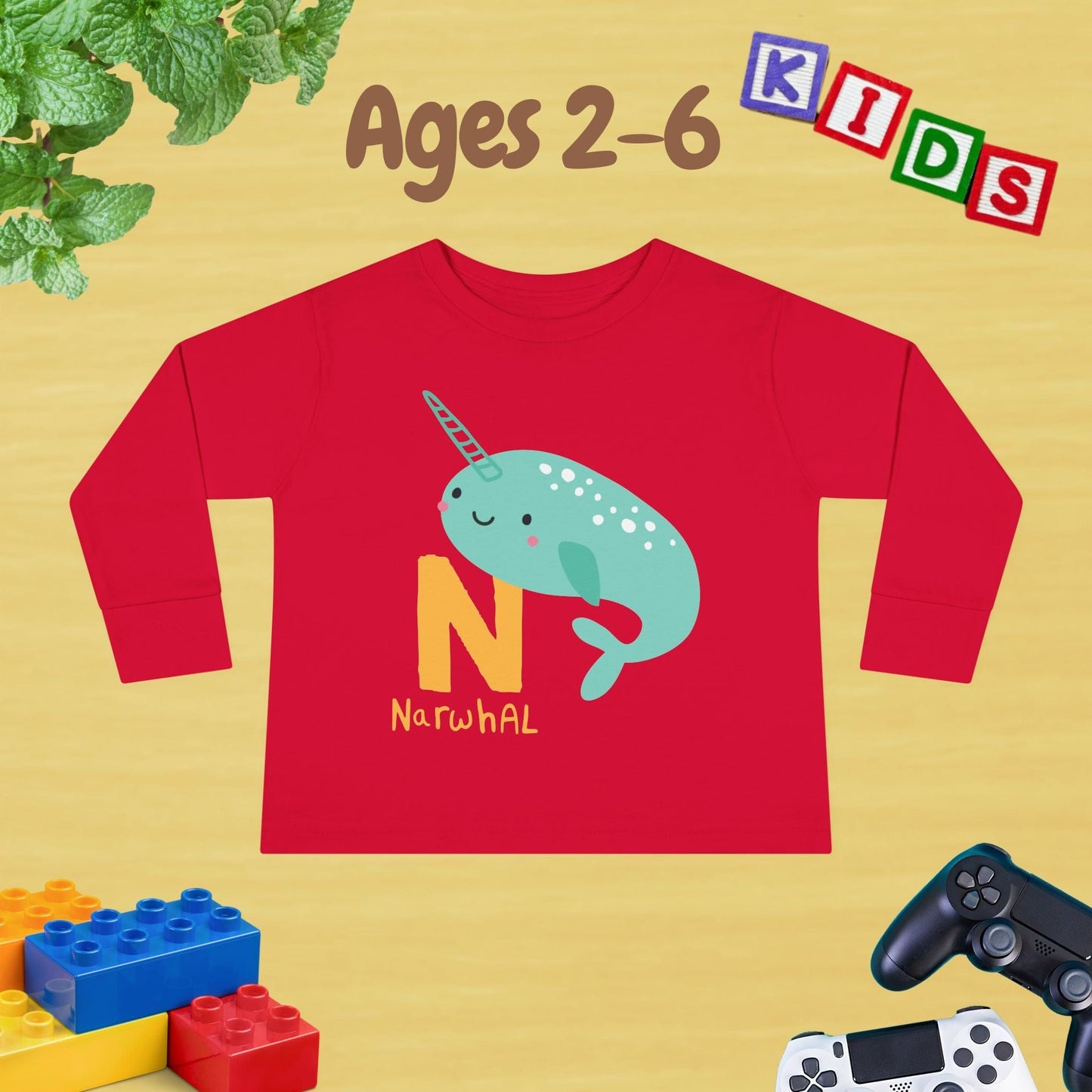 Animal Alphabet N for Narwhal Unisex Kids Sweater Toddler Long Sleeve Tee Ages 2-6 - 100% Cotton Spring and Fall Kids Sweatshirt