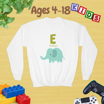 Animal Alphabet - E for Elephant Ages 4-18 Unisex Kids and Teens Sweatshirt - Cozy Fall and Winter Youth Sweatshirt