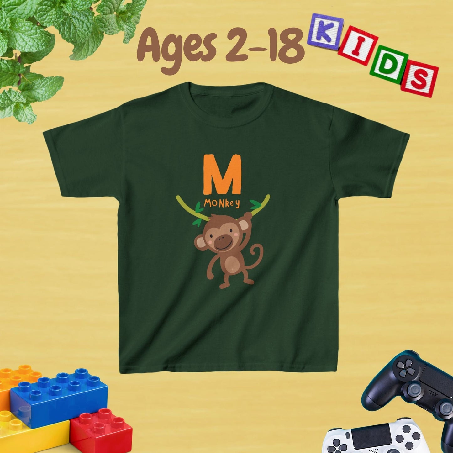 Animal Alphabet - M for Monkey Unisex Kids Tee - Fun Educational Graphic Tee for Kids Age 2-18