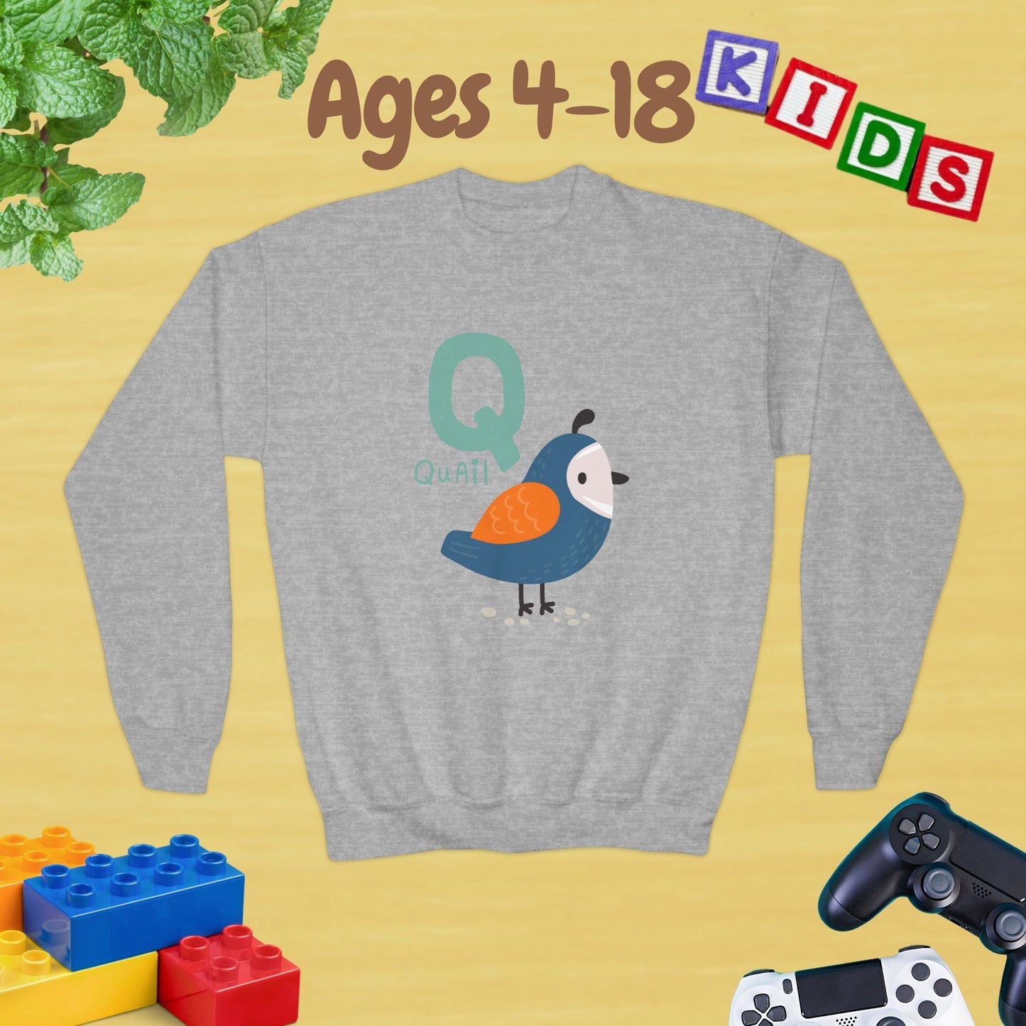 Animal Alphabet Q for Quail Ages 4-18 Unisex Kids and Teens Sweatshirt - Cozy Fall and Winter Youth Sweatshirt