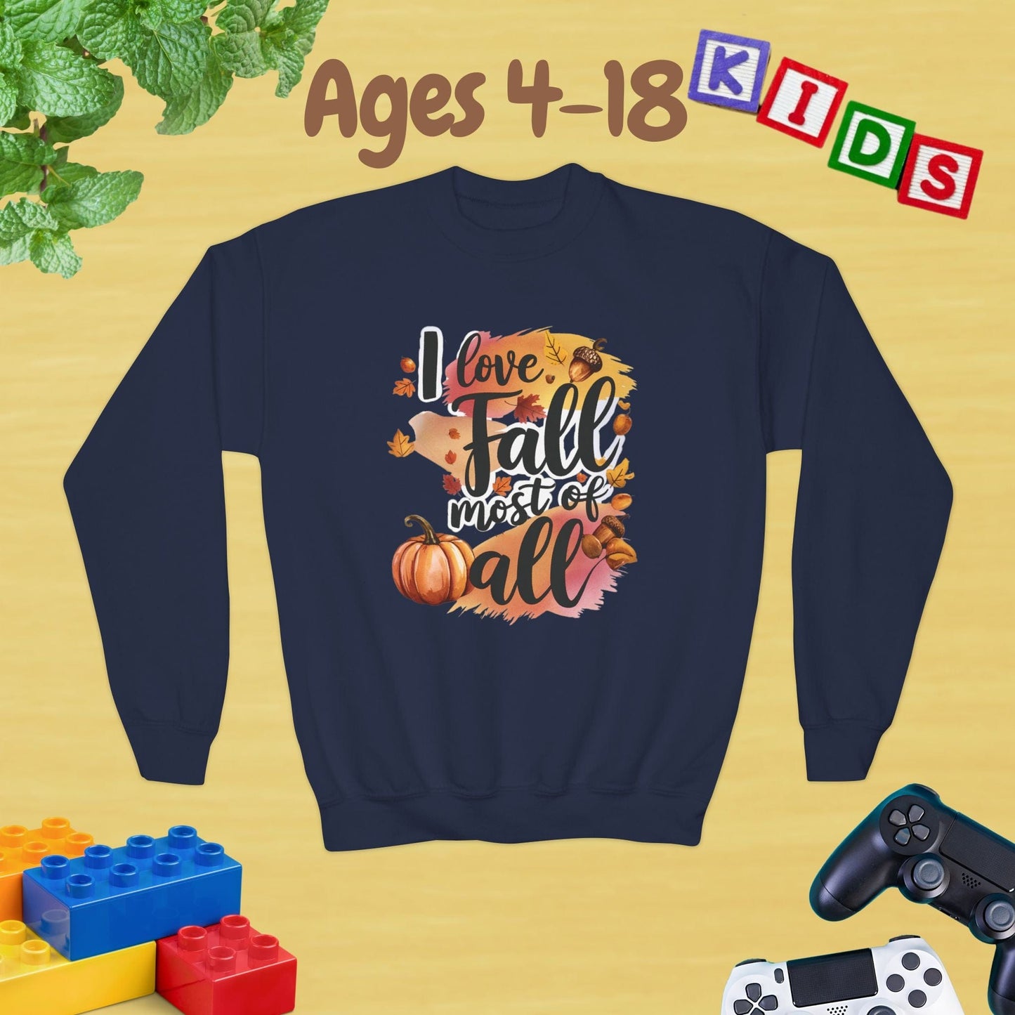 I Love Fall Most of All Ages 4-18 Unisex Kids and Teens Sweatshirt - Cozy Fall and Winter Youth Sweatshirt