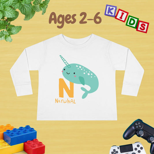 Animal Alphabet N for Narwhal Unisex Kids Sweater Toddler Long Sleeve Tee Ages 2-6 - 100% Cotton Spring and Fall Kids Sweatshirt