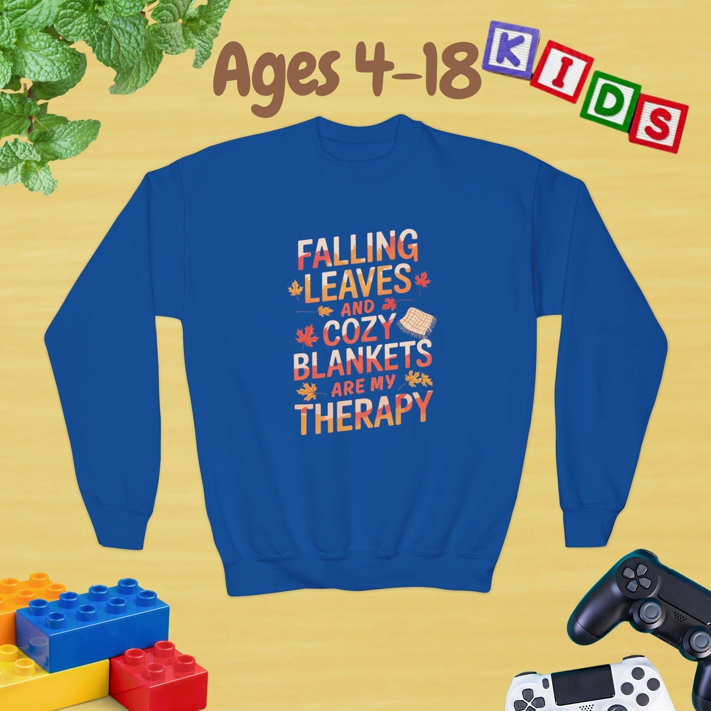 Falling Leaves & Cozy Blankets are My Therapy Comfort Ages 4-18 Unisex Kids and Teens Sweatshirt - Cozy Fall and Winter Youth Sweatshirt