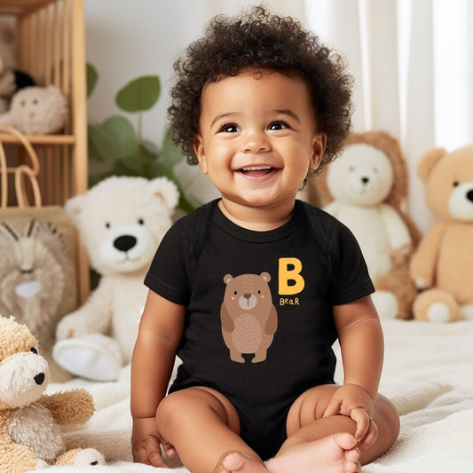 a baby sitting on a bed with teddy bears