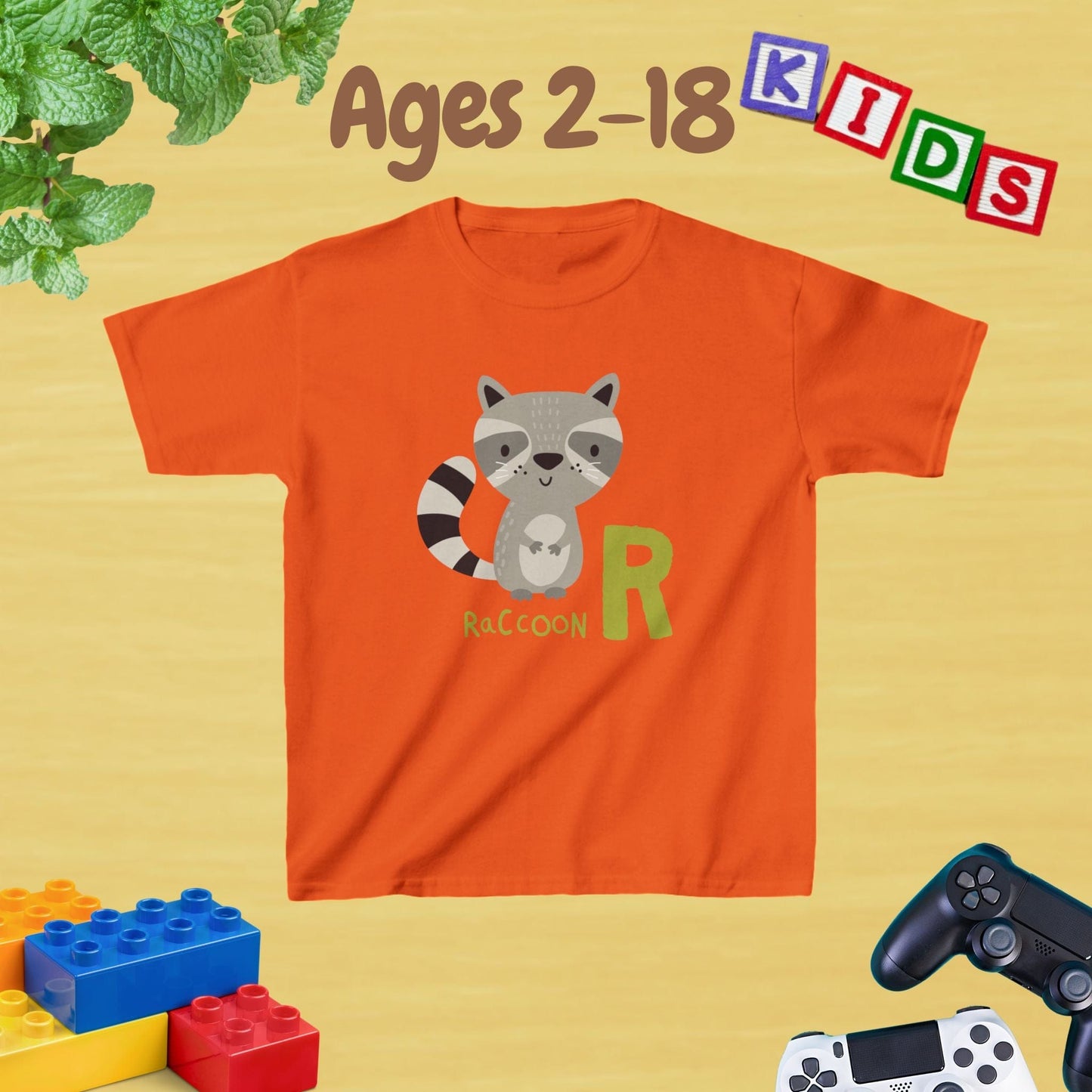 Animal Alphabet - R for Raccoon Unisex Kids Tee - Fun Educational Graphic Tee for Kids Age 2-18