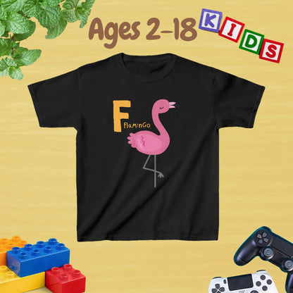 Animal Alphabet - F for Flamingo Unisex Kids Tee - Graphic Alphabet Tee for Kids Age 2-18