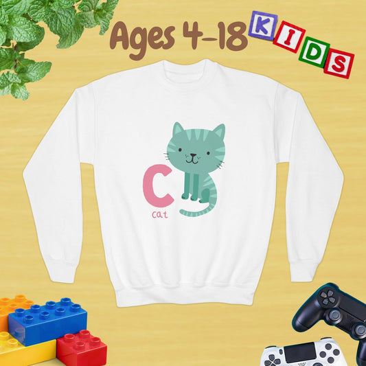 Animal Alphabet - C for Cat Ages 4-16 Unisex Kids and Teens Sweatshirt - Cozy Fall and Winter Youth Sweatshirt