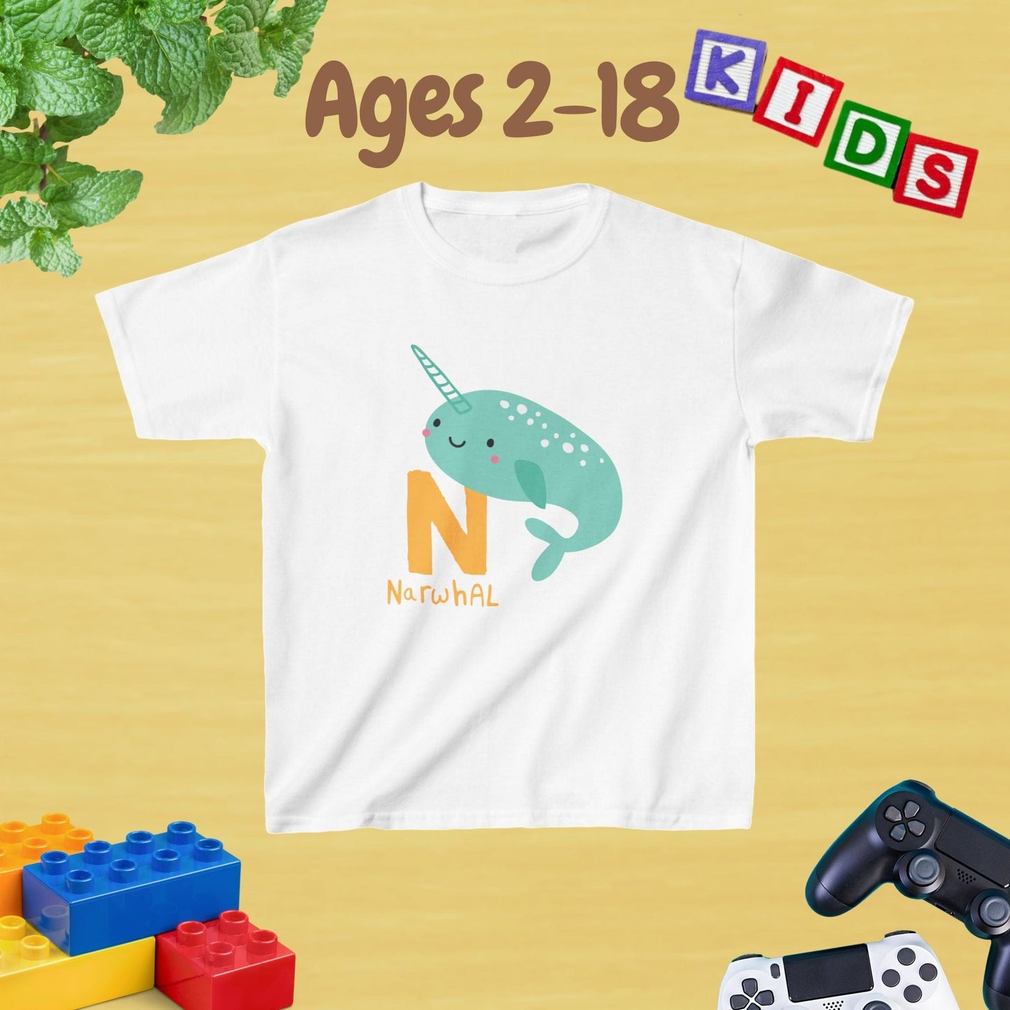 Animal Alphabet - N for Narwhal Unisex Kids Tee - Fun Educational Graphic Tee for Kids