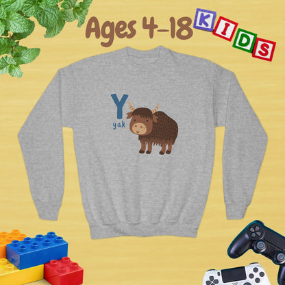 Animal Alphabet Y for Yak Ages 4-18 Unisex Kids and Teens Sweatshirt - Cozy Fall and Winter Youth Sweatshirt